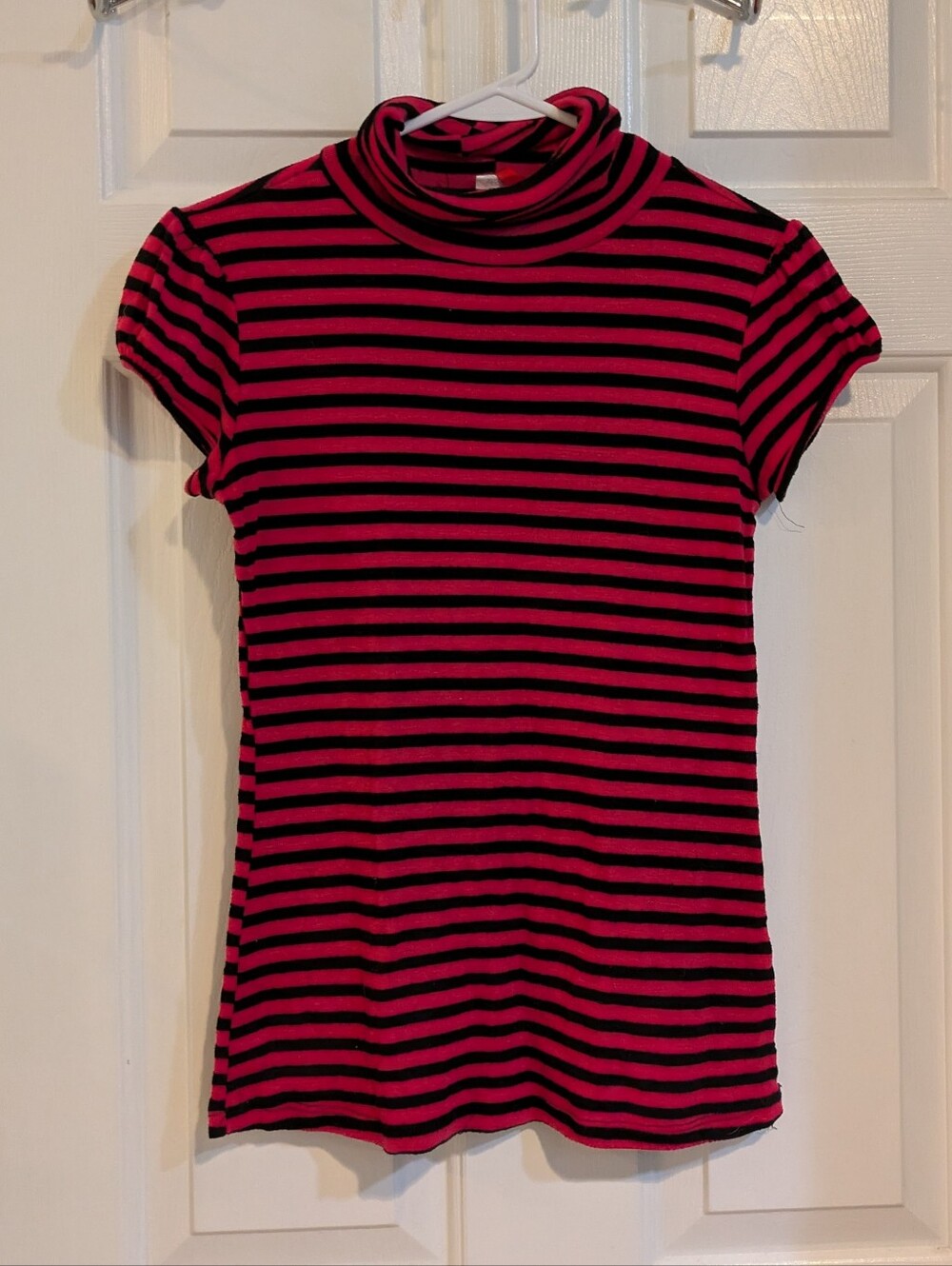 Pink & Black Striped Short Sleeve Turtleneck Top